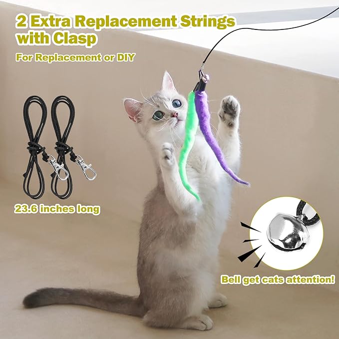 Retractable Cat Wand Toy Set – 2 Wands & 9 Feather Teasers with Bells for Interactive Play