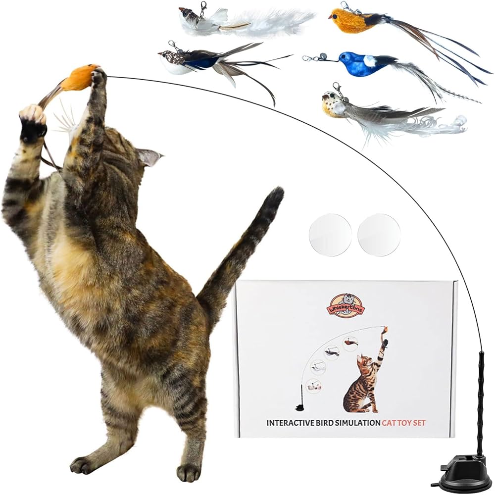 Whiskertons Interactive Bird Cat Toy – Suction Base with 5 Feather Bird Refills & Bells