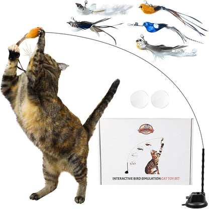 Whiskertons Interactive Bird Cat Toy – Suction Base with 5 Feather Bird Refills & Bells